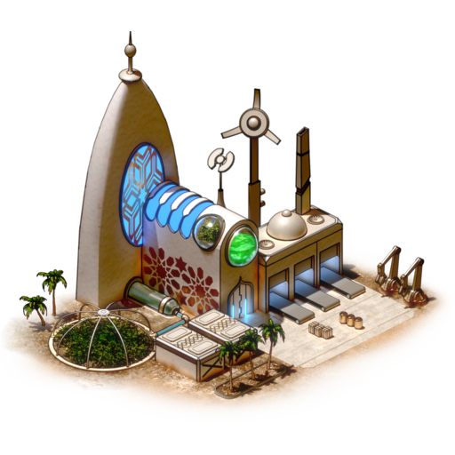 Isometric artwork of the Expedition building — a solar structure with Arabic geometric patterning